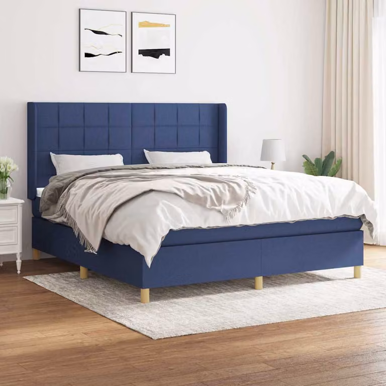 vidaXL Giroletto a Molle con Materasso Blu e Bianco in Tessuto, L/P: 180 x 200 cm