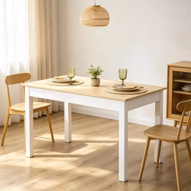 Tavolo da pranzo rettangolare moderno WISHDOR in MDF laminato, bianco e marrone, L: 119 cm, P: 70 cm, H: 75 cm – 1