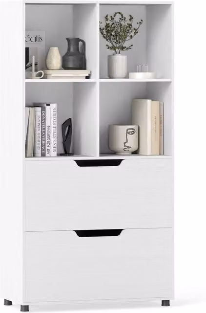 Libreria moderna Design Mania a 4 cubi con 2 cassetti e 5 ripiani, colore bianco, H: 130 cm – 1