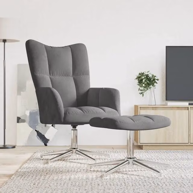 Sedia Relax con Poggiapiedi vidaXL in Velluto Grigio con Struttura in Metallo e Seduta in Schiuma – 1