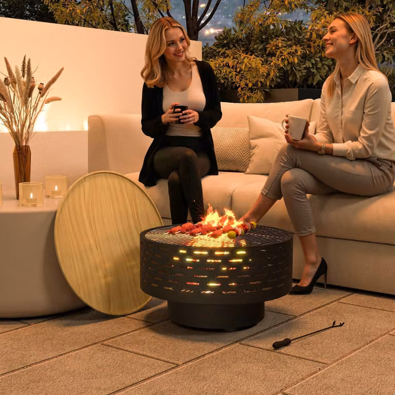 Cesto per il fuoco 3-in-1, barbecue e tavolo da giardino | Colore: marrone, nero | Dimensioni: 60x60x39 cm