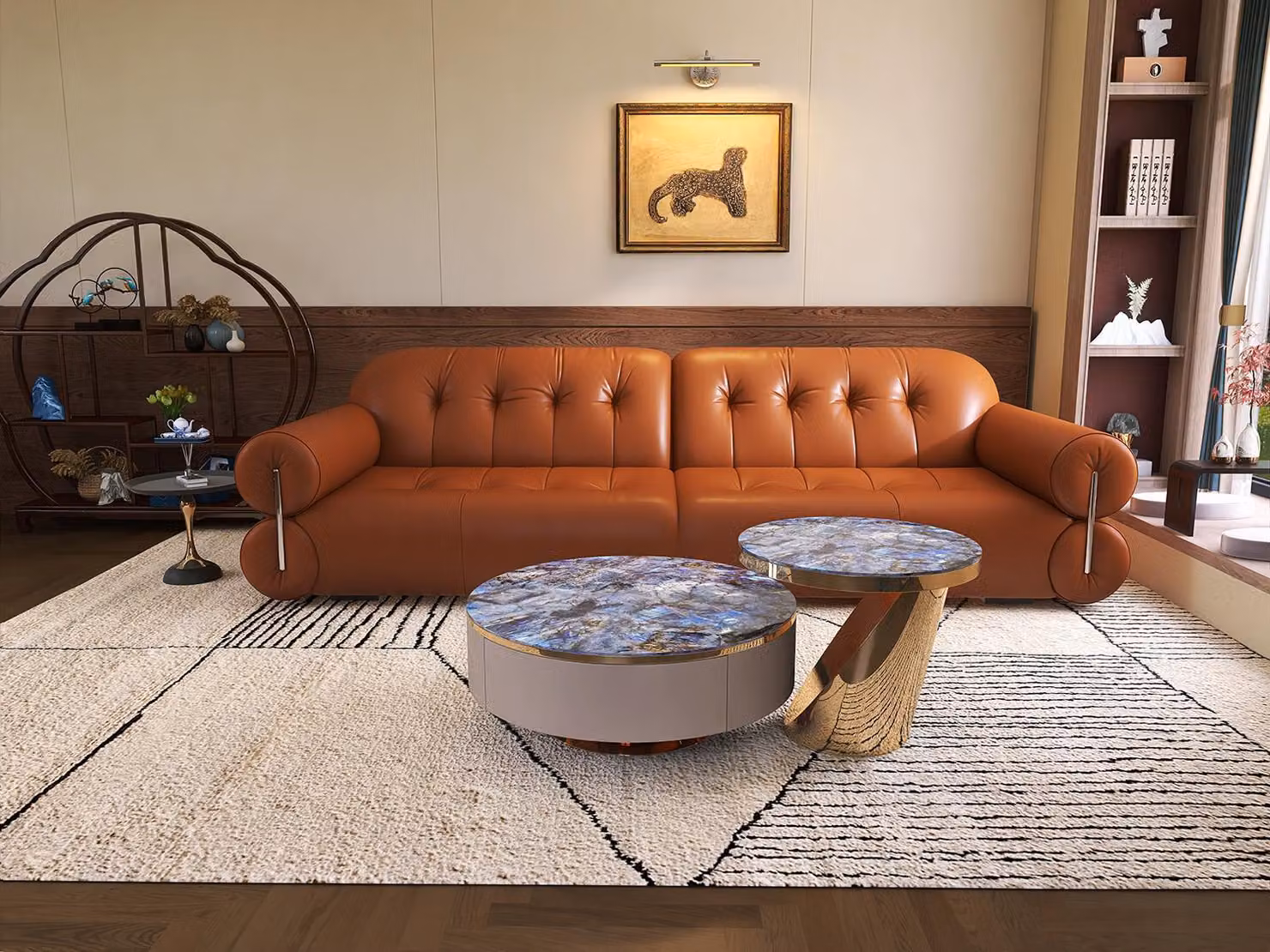 Divano elegante a 4 posti con tavolini moderni. Set di mobili per soggiorno di stile