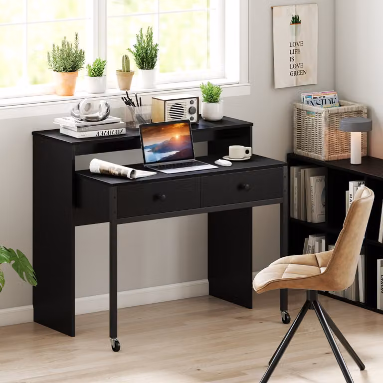 Scrivania per computer moderna Costway con cassetti e ruote, tavolo da trucco compatto in MDF laminato nero per ufficio o casa