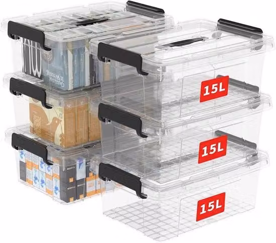 Set di 15 contenitori organizzatori in plastica trasparente Cetomo con coperchio, maniglia e chiusura a gancio, impilabili e nidificabili per casa e ufficio