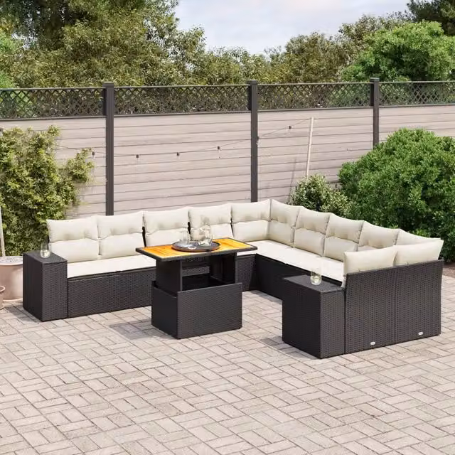 Set di Divani da Giardino Moderno VIDAXL in Polyrattan Nero con Cuscini, 11 Pezzi, Forma a L