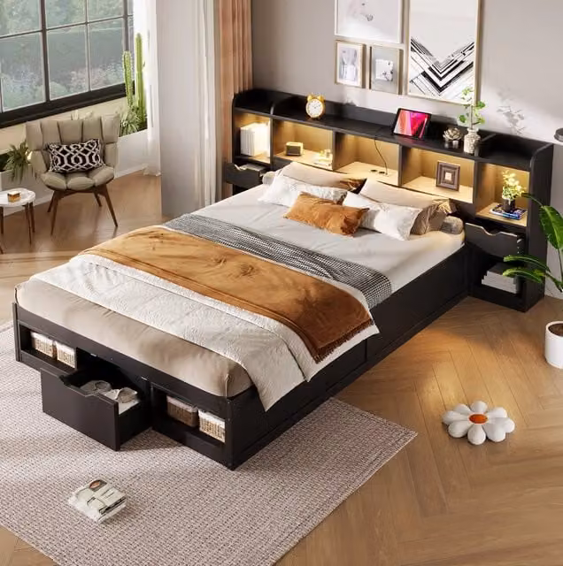 Letto a piattaforma nero 140x200 cm con testiera e pediera contenitore, 3 cassetti, LED e porta USB