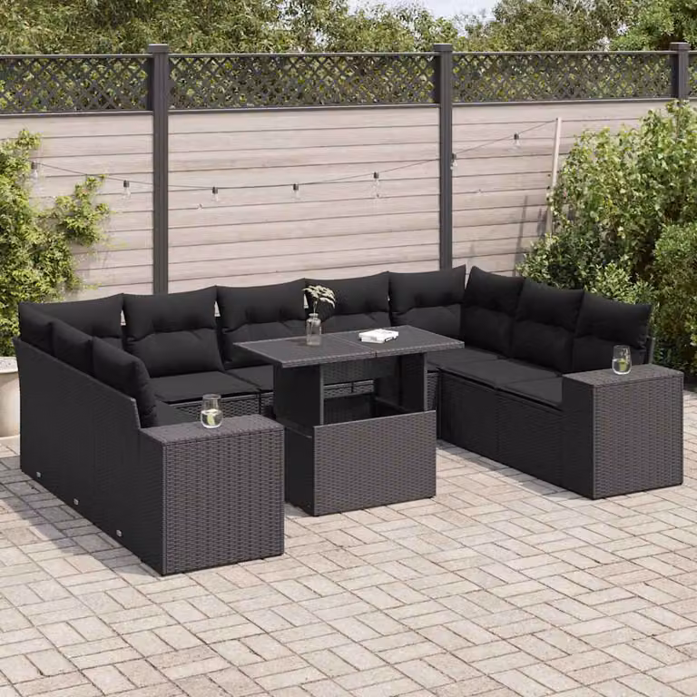 Set Divani da Giardino vidaXL 10 Pezzi in Polyrattan Nero con Cuscini e Tavolino da Caffè