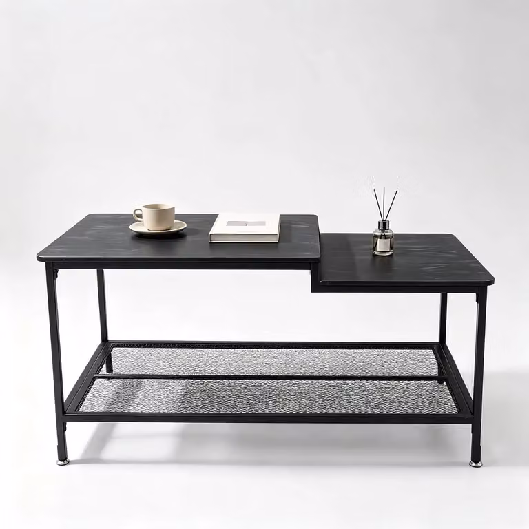 Tavolino da divano - Tavolino da divano a due livelli - Piano asimmetrico - Rettangolare - Ripiano in griglia metallica - Struttura in metallo e MDF - Colore nero
