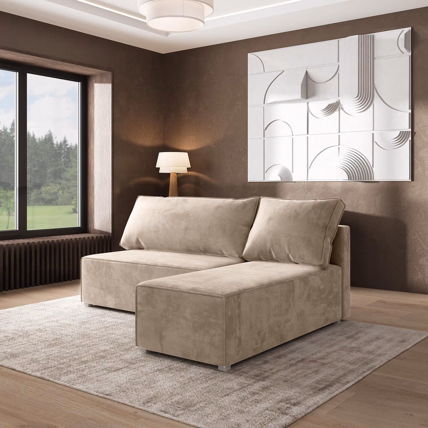 Divano angolare Masseno BRISO M con funzione letto a L, divano con box letto, divano da soggiorno, divano, divano letto, set di divani - crema, MONOLITH 04