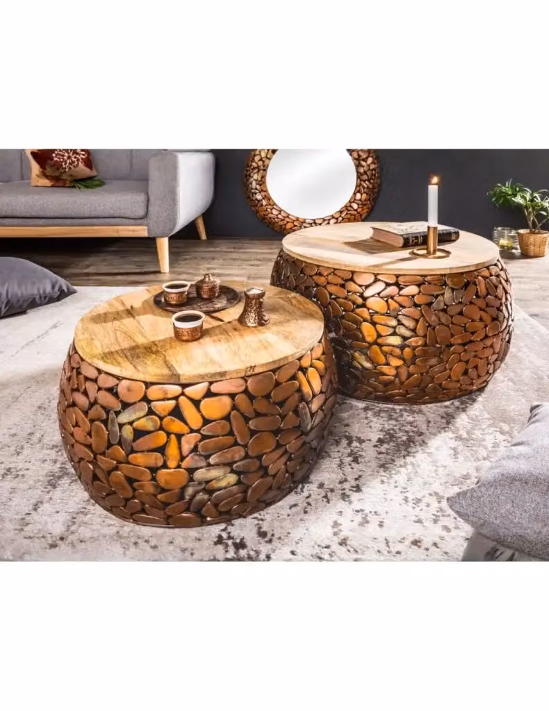 Tavolini nidificati GALEA MEUBLORAMA in legno di mango e alluminio bronzo con motivo decorativo a ciottoli – 2