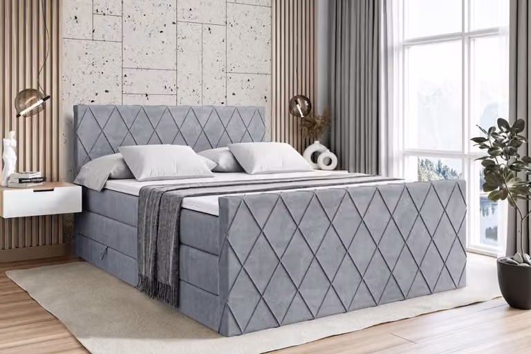 Letto boxspring ALTDECOR con materasso e rete a doghe - LEPARO -Z KING - 180x200 cm - Grigio velluto - Coprimaterasso, pediera, letto imbottito con contenitore, letto con vano portaoggetti H3 e H4 - Materasso, letto matrimoniale, letto boxspring
