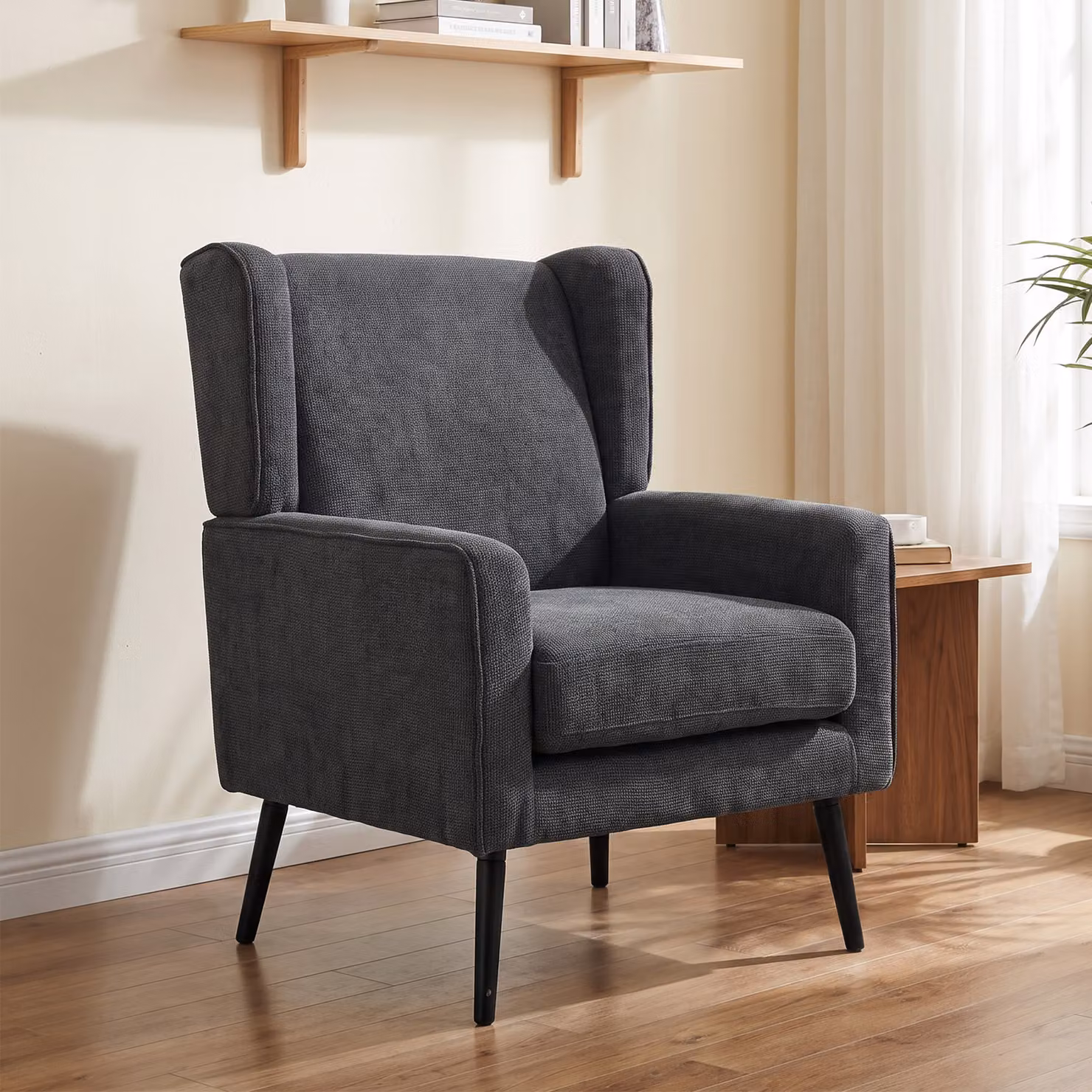 Poltrona Mid-Century HOMCOM in Ciniglia Grigio Scuro con Gambe in Legno di Caucciù per Soggiorno o Camera da Letto – 2