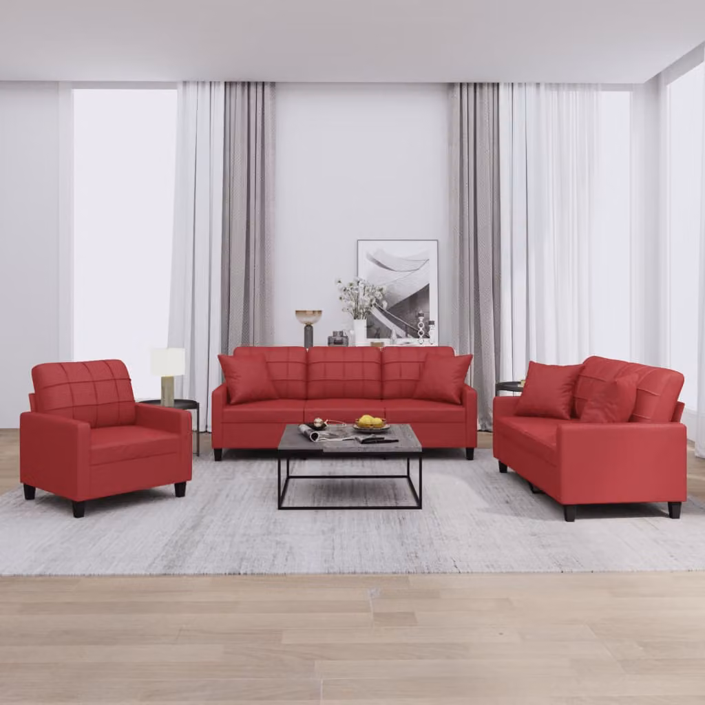 Set di divani 3 pezzi vidaXL in similpelle rossa con cuscini per soggiorno moderno