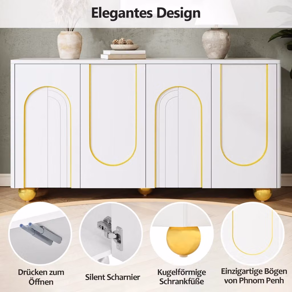 Madia REDOM a 4 ante bianca con decoro ad arco oro L: 140 cm, P: 40 cm, H: 74 cm – 2