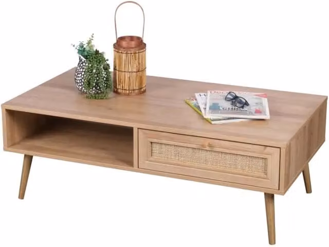 Tavolino moderno Meublorama in rovere con gambe in legno grezzo, L: 59 cm, P: 39 cm, H: 110 cm