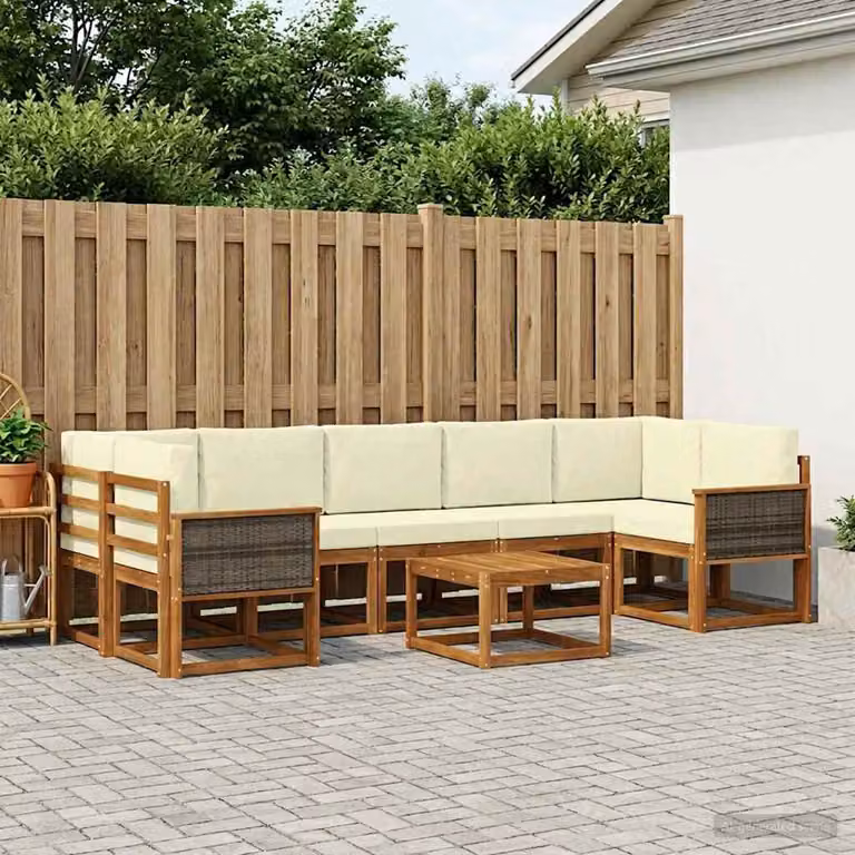 Set di divani da esterno vidaXL a forma di L in legno di acacia con cuscini, 6 pezzi, Beige e Marrone