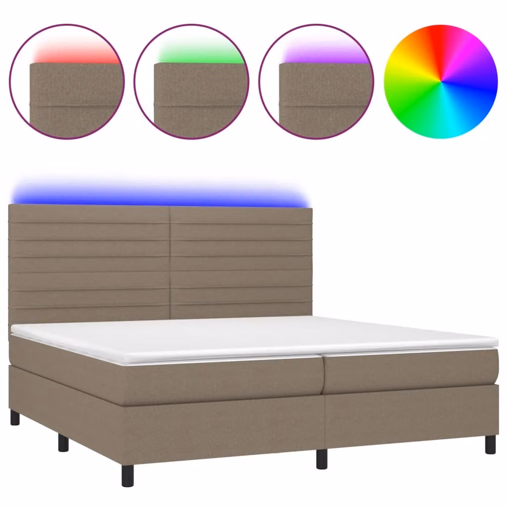 Letto a Molle Materasso e LED tortora 200x200cm in Tessuto