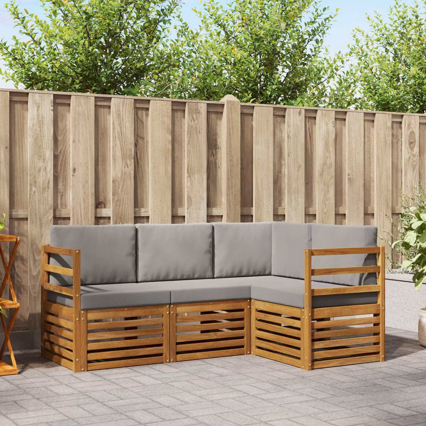 Set di divani da esterno vidaXL 4 pz in legno di acacia con cuscini, composizione a L, colore beige e grigio chiaro