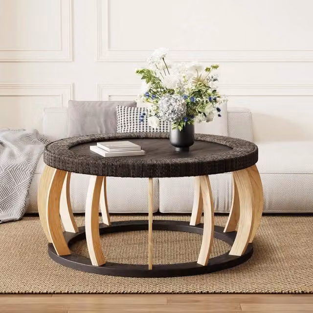 Tavolino da caffè rotondo in legno massello e rattan stile boho MINIMAL con gambe curve, Nero Marrone
