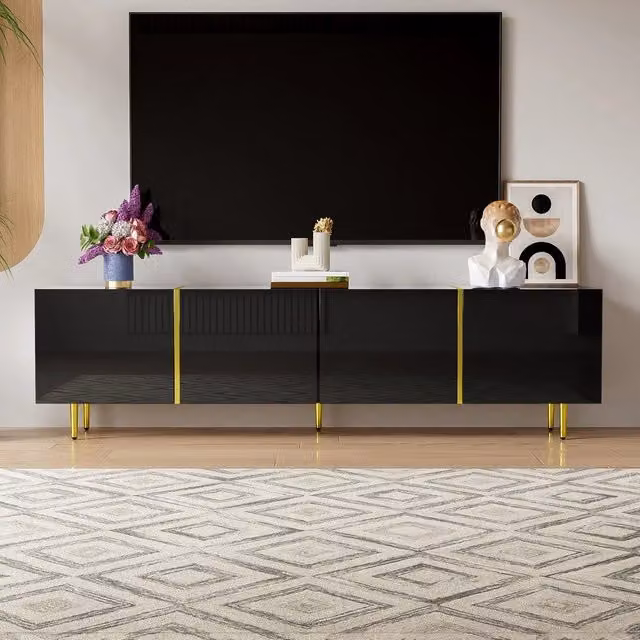 Mobile TV Minimal con 4 Ante Nero Lucido e Dettagli Oro Design Moderno L: 120 cm, P: 30 cm, H: 40 cm – 1