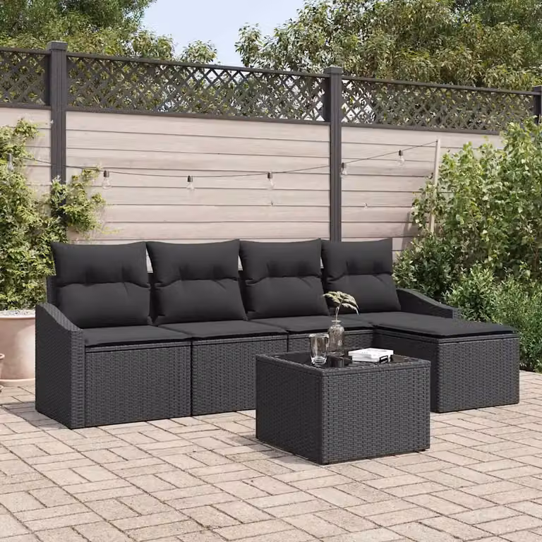 Set di divani da giardino vidaXL a forma di L composto da 6 pezzi con cuscini, colore nero
