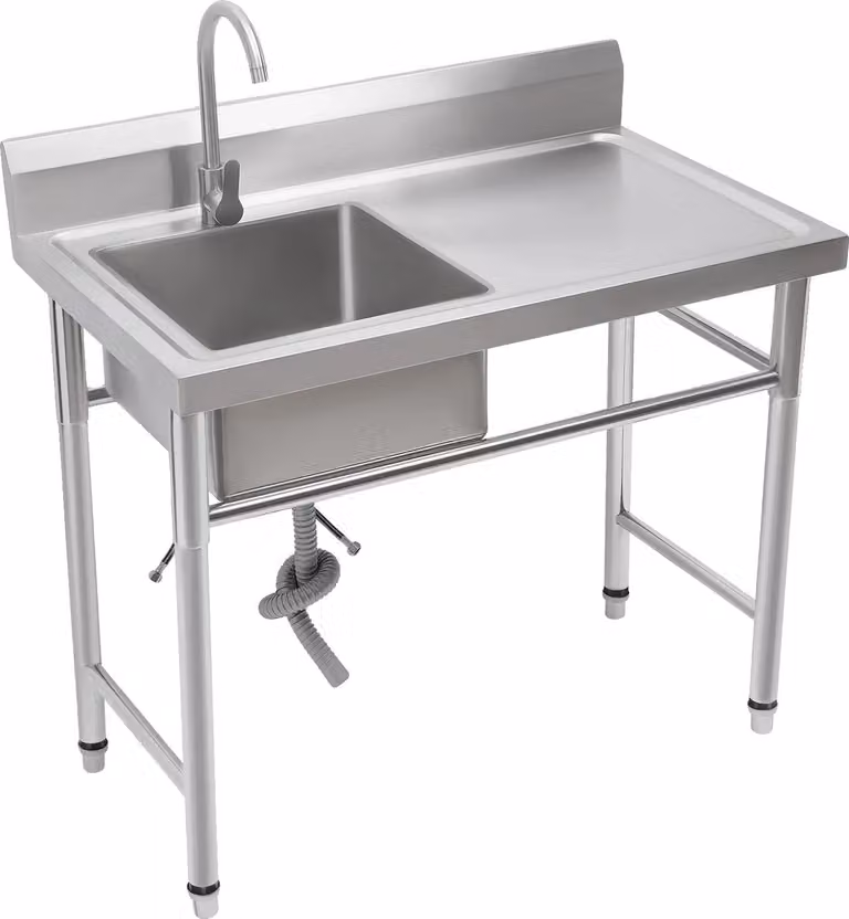 Lavello in acciaio inox, design moderno, rubinetto a 360°, argento