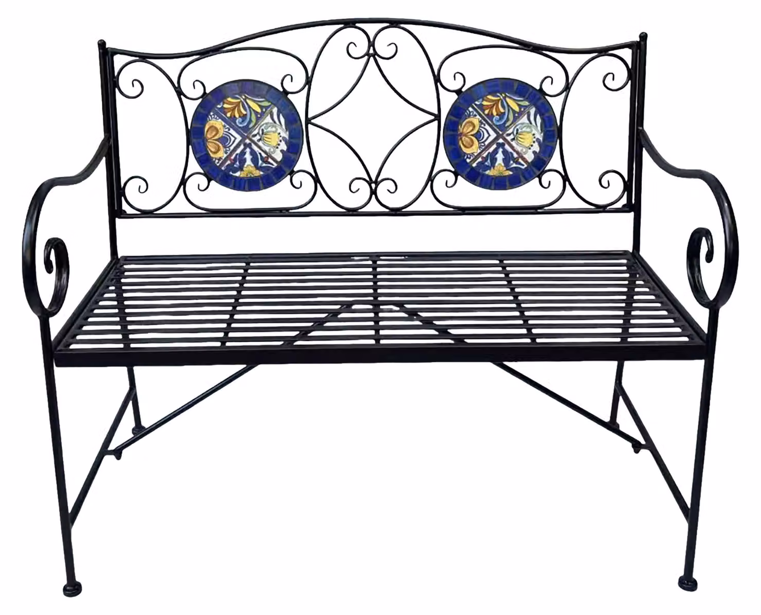 AXI Margot Panchina da giardino con mosaico in stile mediterraneo blu/giallo | Pancha da esterno in ferro con piastrelle in mosaico ceramico | Con schienale per 2 persone | 107 x 54 x 92 cm