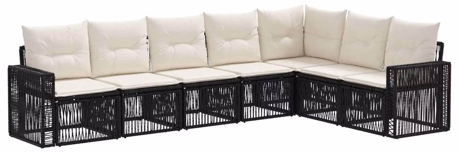 Set da giardino composto da 7 pezzi, in rattan sintetico nero e crema