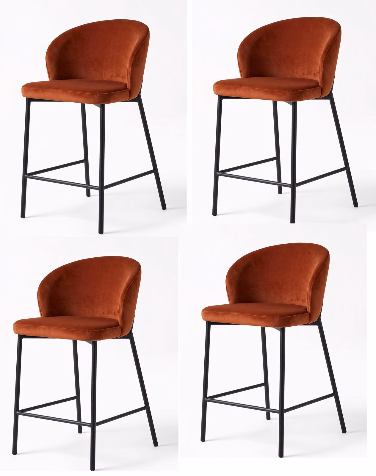 Set di 4 eleganti sgabelli da bar in velluto, con poggiapiedi, di alta qualità, ideali per la cucina, colore arancione