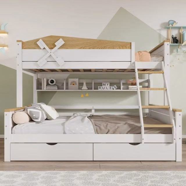 Letto a castello con mulino a vento - Zephmum - 90x200cm&140x200cm - Bianco+Naturale - Con scaffali, protezioni e cassetti