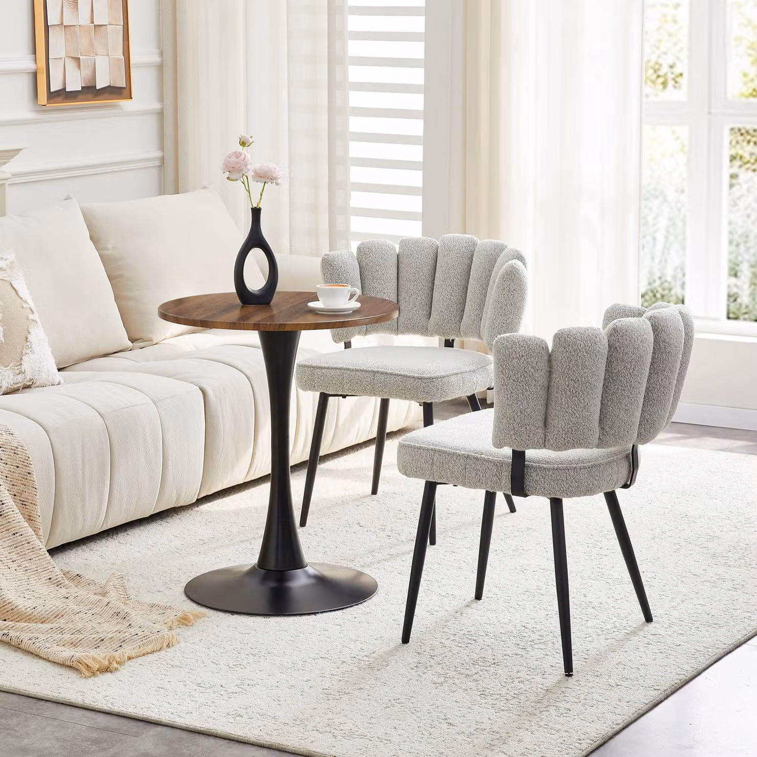 Set di 2 sgabelli da bar, con braccioli, rivestiti in tessuto effetto peluche/poliuretano, gambe in legno, poggiapiedi in metallo, stile scandinavo (noce e nero)