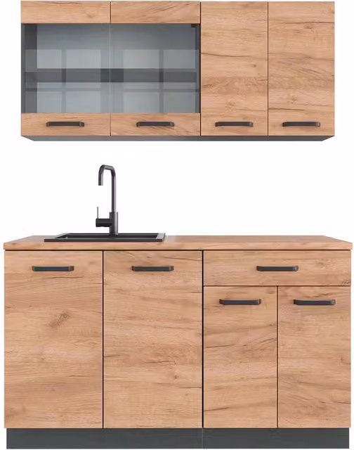 Cucina monoblocco R-Line Rovere dorato/Antracite 140 cm, PL Rovere Vicco