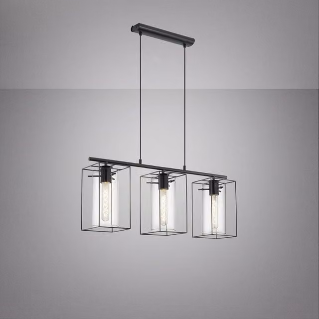 Lampadario moderno sospeso Loncino Eglo nero con paralume in vetro e struttura in metallo, 3 x E27 Max 60W