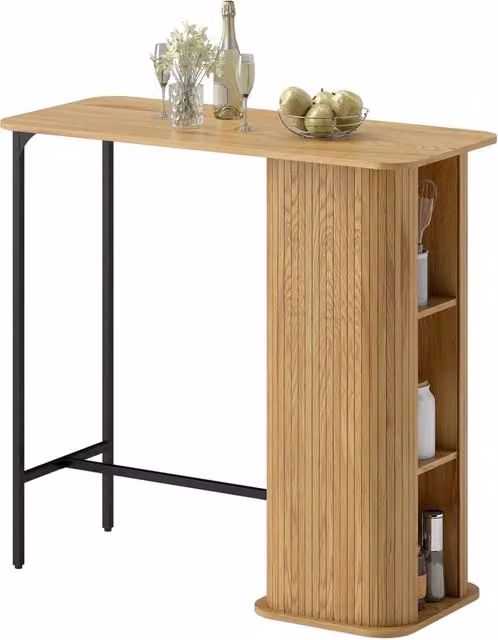 Tavolo Alto da Bar Xylo in Legno Naturale e Metallo con 3 Ripiani Salvaspazio, L 112 cm x P 50 cm x H 106 cm