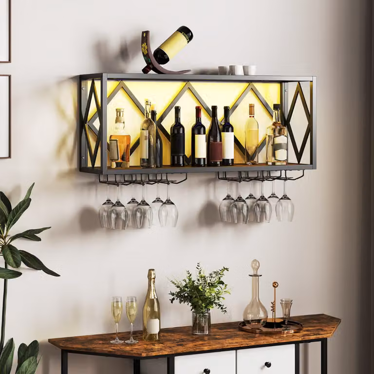 Mensola espositiva da parete Costway in metallo con portabottiglie, 6 portabicchieri e striscia LED a 16 colori, stile industriale Marrone e Nero