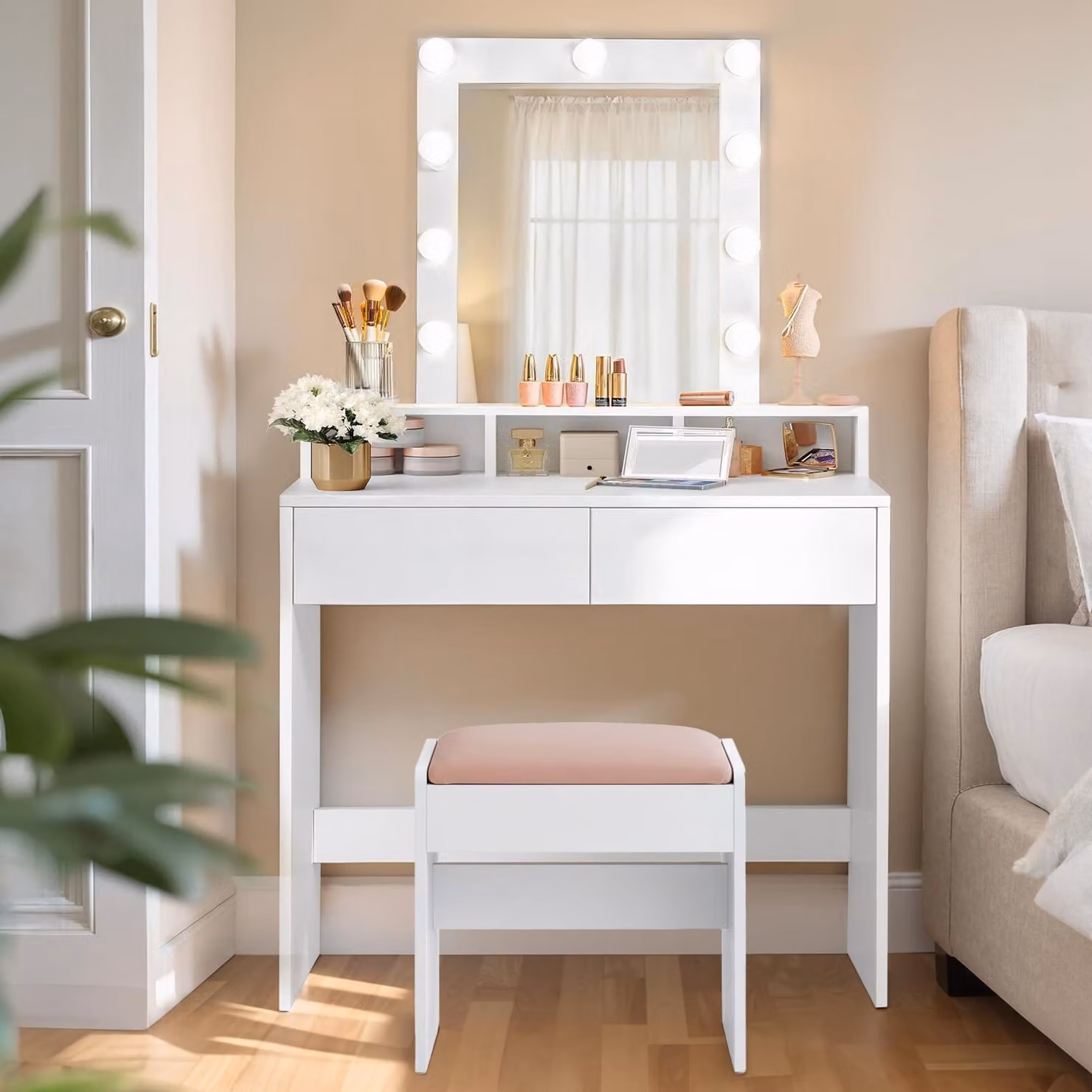 VASAGLE: toletta con illuminazione a LED, sgabello, mobile da toeletta con 2 cassetti e 3 ripiani aperti, sgabello da trucco in velluto, per camera da letto