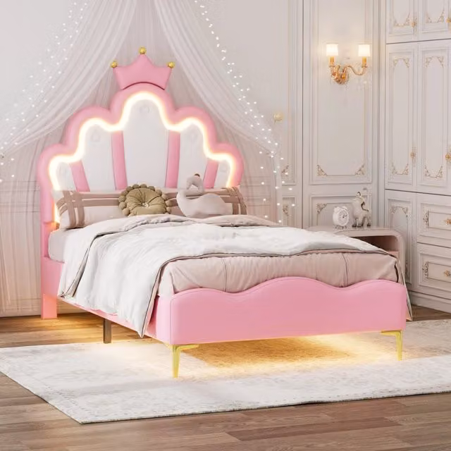 Letto singolo Crown Shape Princess 90x200cm con strisce luminose LED in PU rosa
