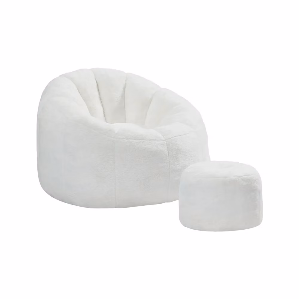 Pouf imbottito con poggiapiedi Minimal colore crema per soggiorno, camera o balcone – 2