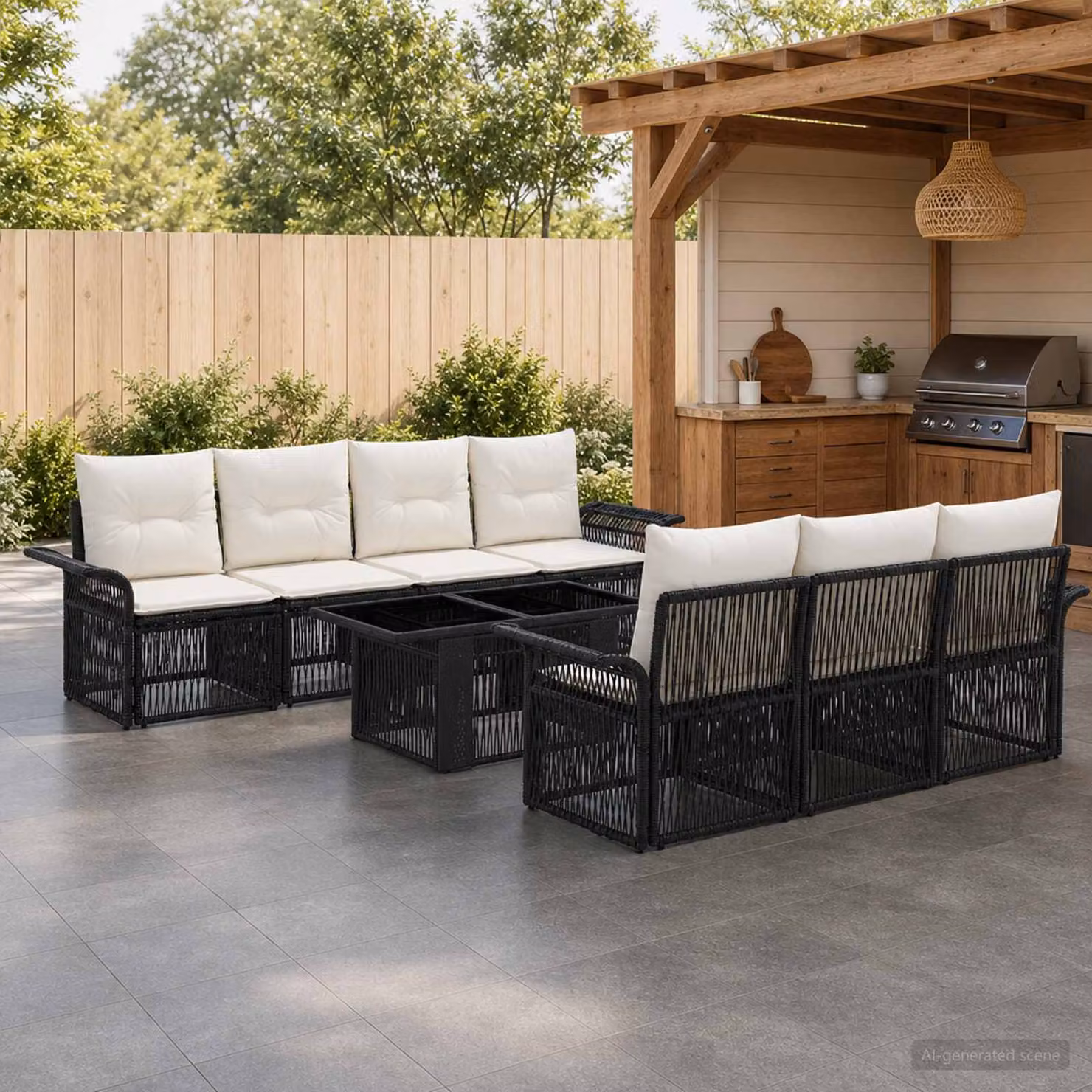 Set Divano da Giardino vidaXL 8 Pezzi in Polyrattan Moderno con Tavolino e Cuscini, Nero e Bianco Crema