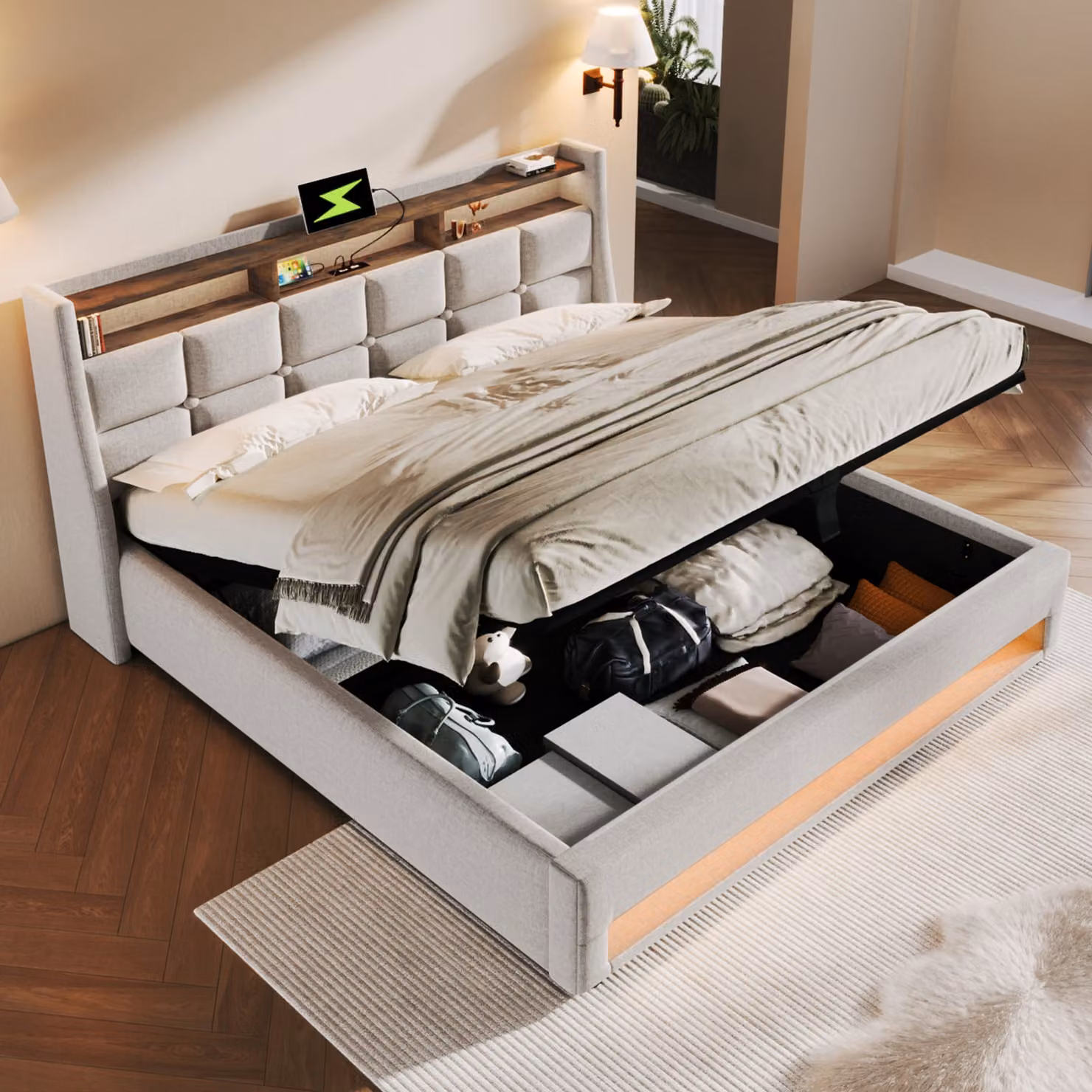 Letto imbottito Flieks 180x200cm con USB, letto per ragazzi letto matrimoniale con rete a doghe e contenitore, letto contenitore con LED, lino, beige
