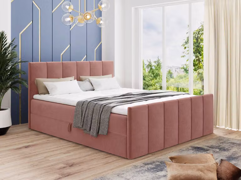 Letto boxspring Star Lux con pediera, 2 cassetti e coprimaterasso - Letto matrimoniale con coprimaterasso, materasso Bonell, letto imbottito, letto (rosa (Kronos 29), 160 x 200 cm)