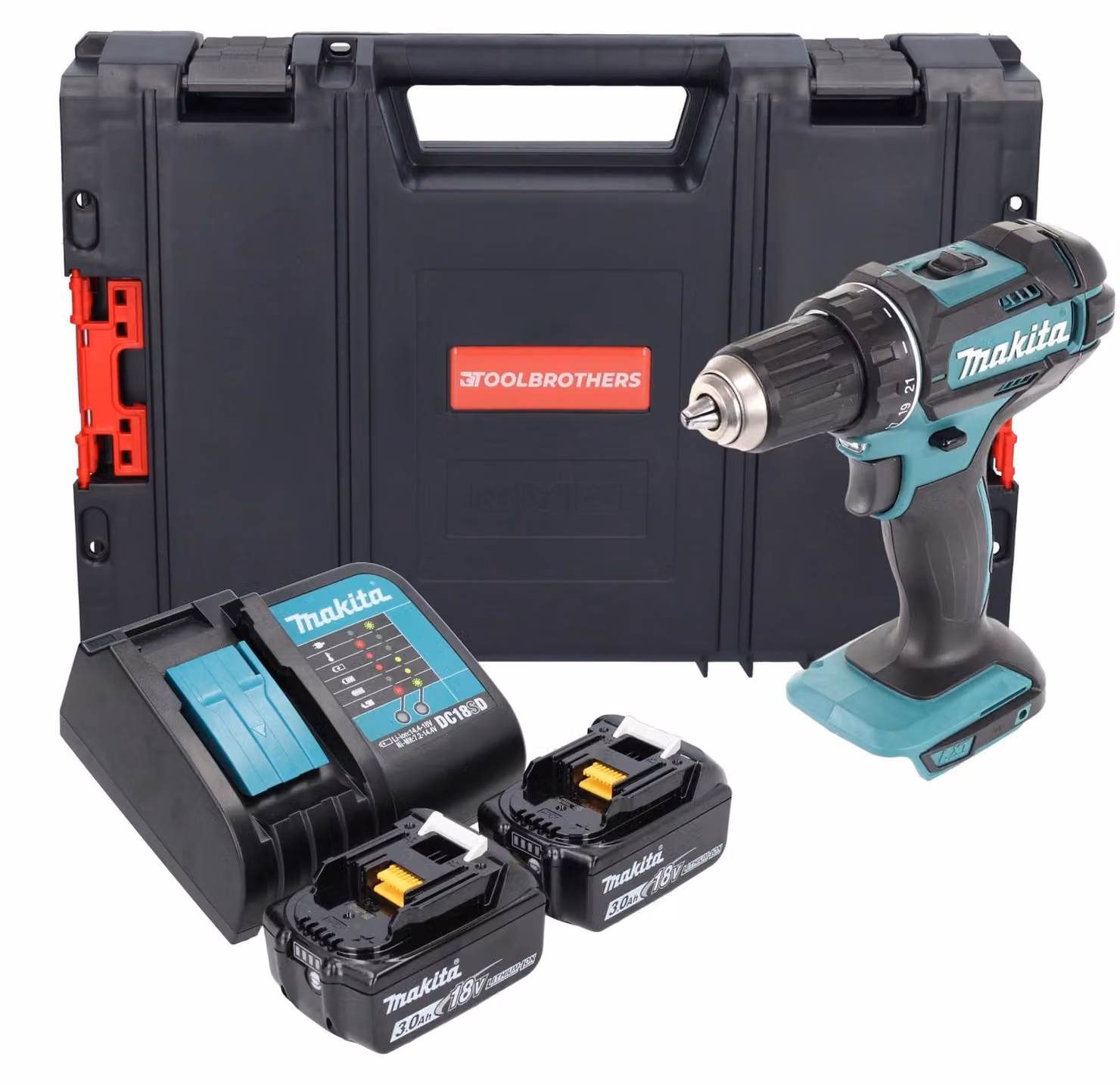 Trapano avvitatore a batteria Makita DDF 482 SFJ-R 18V 62Nm + 2x batteria ricaricabile 3,0 Ah + caricabatterie + RHINO