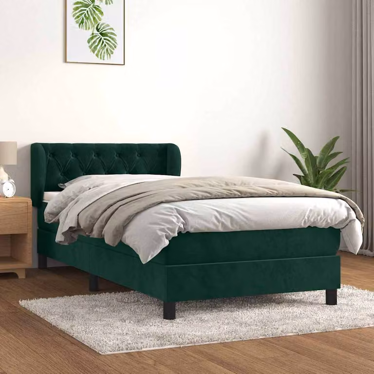 vidaXL Giroletto a Molle con Materasso Ibrido in Velluto Verde Scuro e Legno di Larice L/P/H: 90 x 190 cm