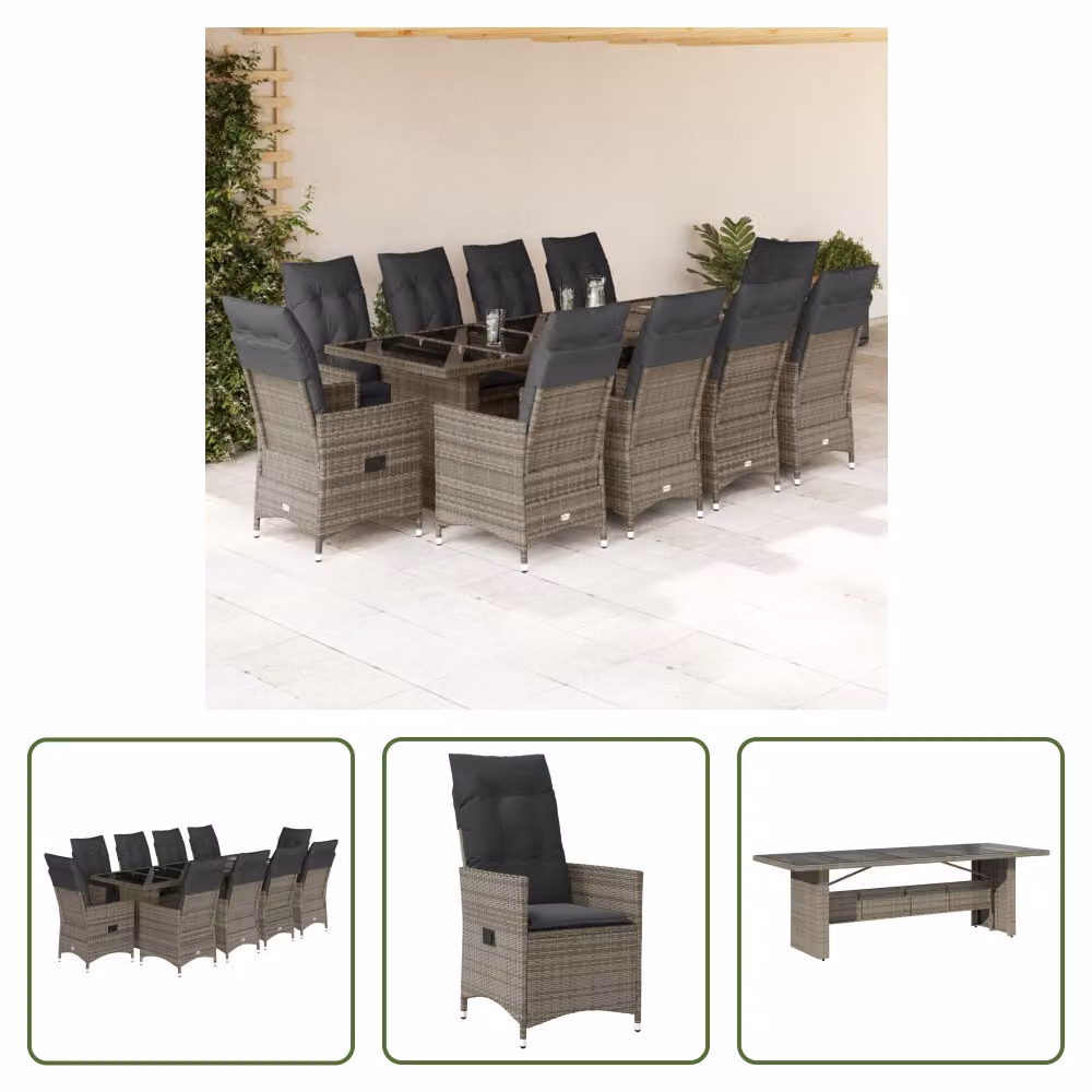 The Living Store Set bistrot da giardino 11 pezzi con cuscini in poly rattan grigio
