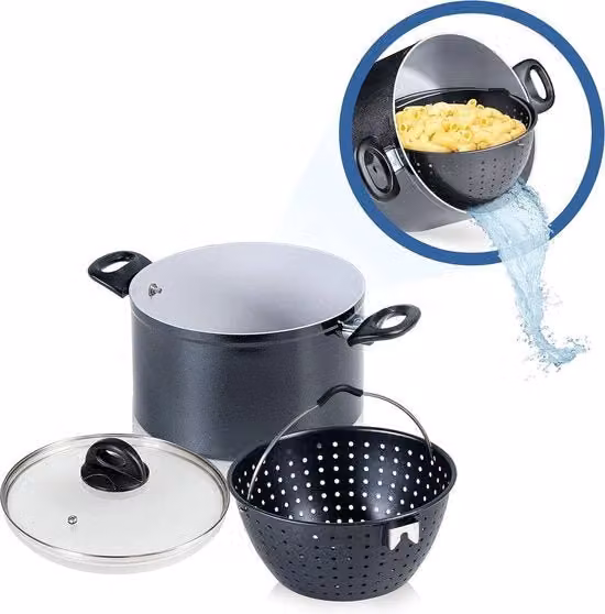 Set di pentole per pasta Fissler Magic Pot in ceramica e acciaio inossidabile, colore nero, con coperchio in vetro e colino, diametro: 24 cm