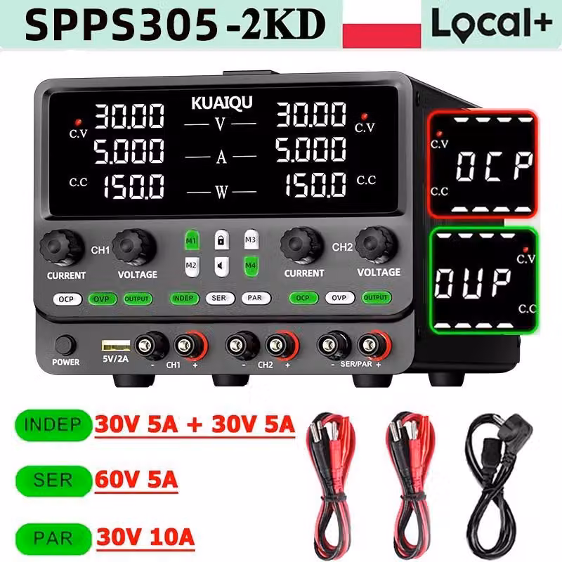 Alimentatore da laboratorio DC programmabile, a due canali, 30V 5A. Alimentatore con tensione e corrente regolabili, configurabile in serie/parallelo, dotato di protezione da sovratensione (OVP) e sovracorrente (OCP). Alimentazione AC 220V, con spina EU.
