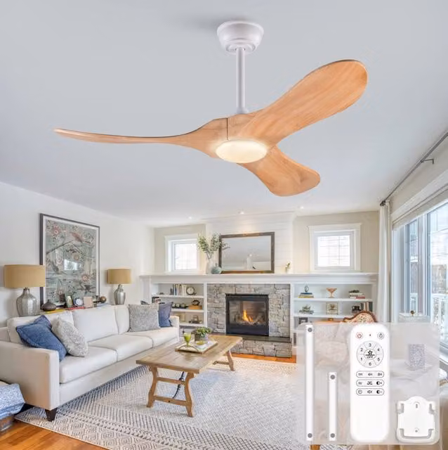 Ventilatore a soffitto con luce LED dimmerabile e telecomando, design moderno in legno e bianco, diametro 106,68 cm
