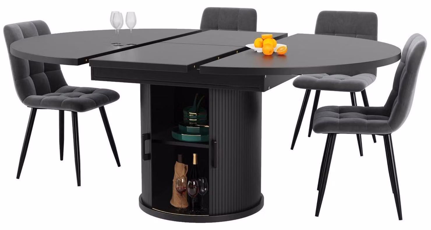 Tavolo da pranzo estendibile, rotondo che diventa ovale, dimensioni da 118 a 158 cm, colore nero, con spazio contenitivo