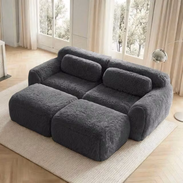 Divano modulare a due posti con due pouf collegabili seduta ampia base antiscivolo senza montaggio in peluche grigio