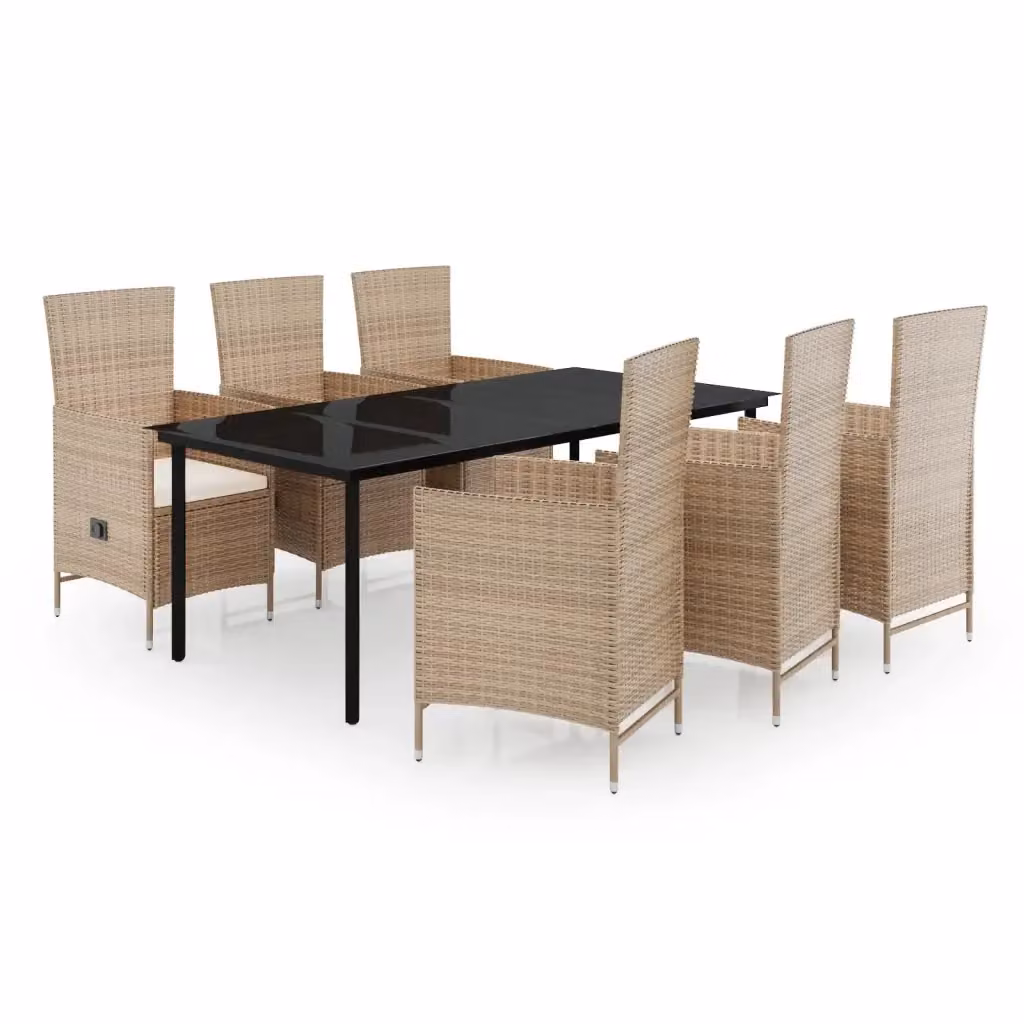 Set da pranzo da giardino vidaXL in polyrattan con tavolo in vetro e 7 sedie con cuscini beige e nero – 2